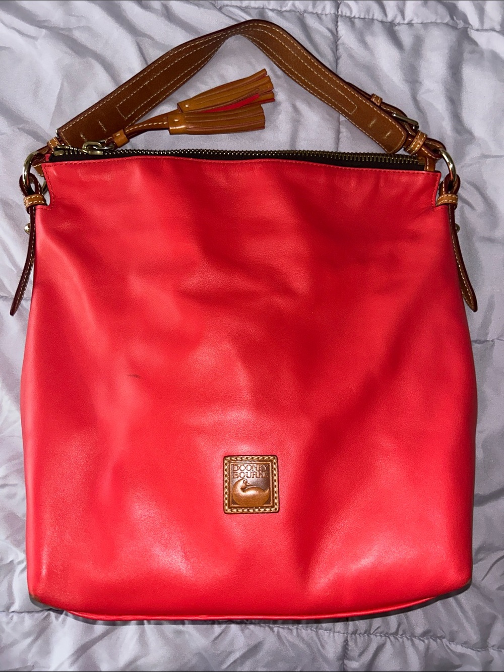 Dooney & Bourke Red Leather Shoulder Hobo with Tan Trim